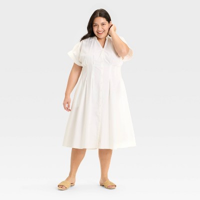Women's Short Sleeve Pleated Midi Shirtdress - Ava & Viv™