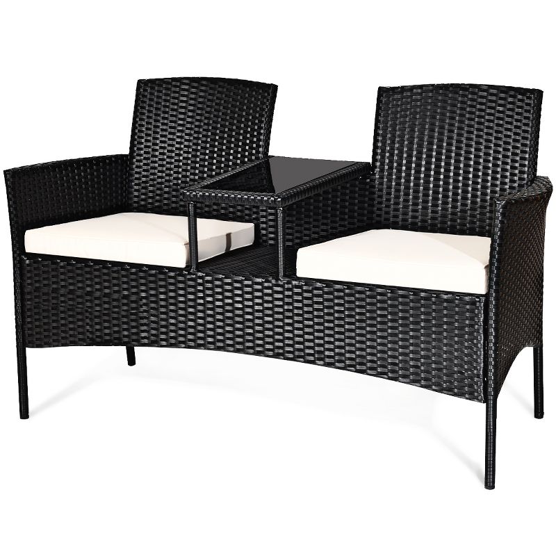 Costway Patio Rattan Conversation Set Seat Sofa Cushioned Loveseat Glass Table Chairs, 5 of 10