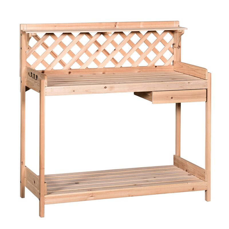 Outsunny Outdoor Garden Potting Bench, Wooden Workstation Table w/ Drawer, Hooks, Open Shelf, Lower Storage and Lattice Back for Patio, Backyard, 1 of 7