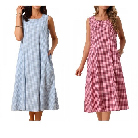 Женские платья INSPIRE CHIC Women's Summer Plaid Sleeveless Square Neck Babydoll Casual with Pockets Midi Dress Black Small 2 Packs Red/Blue Large