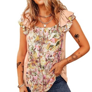 Coolmee Women's Boho Floral Summer Shirts Layered Ruffle Cap Sleeve Square Neck  Blouse Casual Tops - 1 of 4