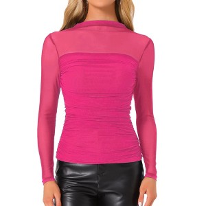 INSPIRE CHIC Women's Solid Mock Neck Mesh Sheer Long Sleeve Ruched Blouses - 1 of 4
