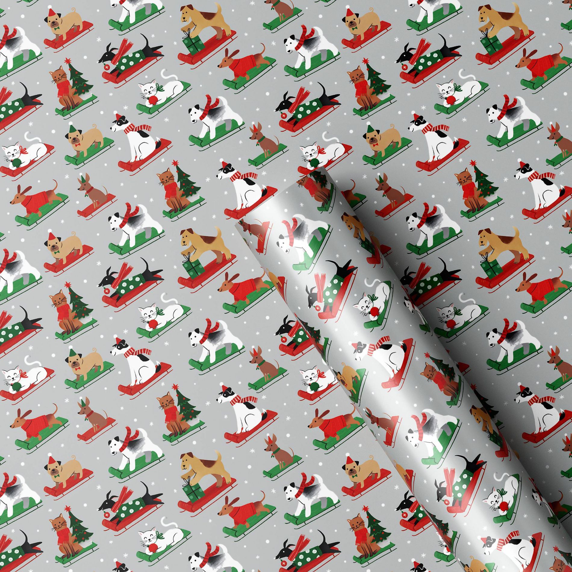 40" 125 sq ft Christmas Roll Wrap Pets on Grey - Wondershop™