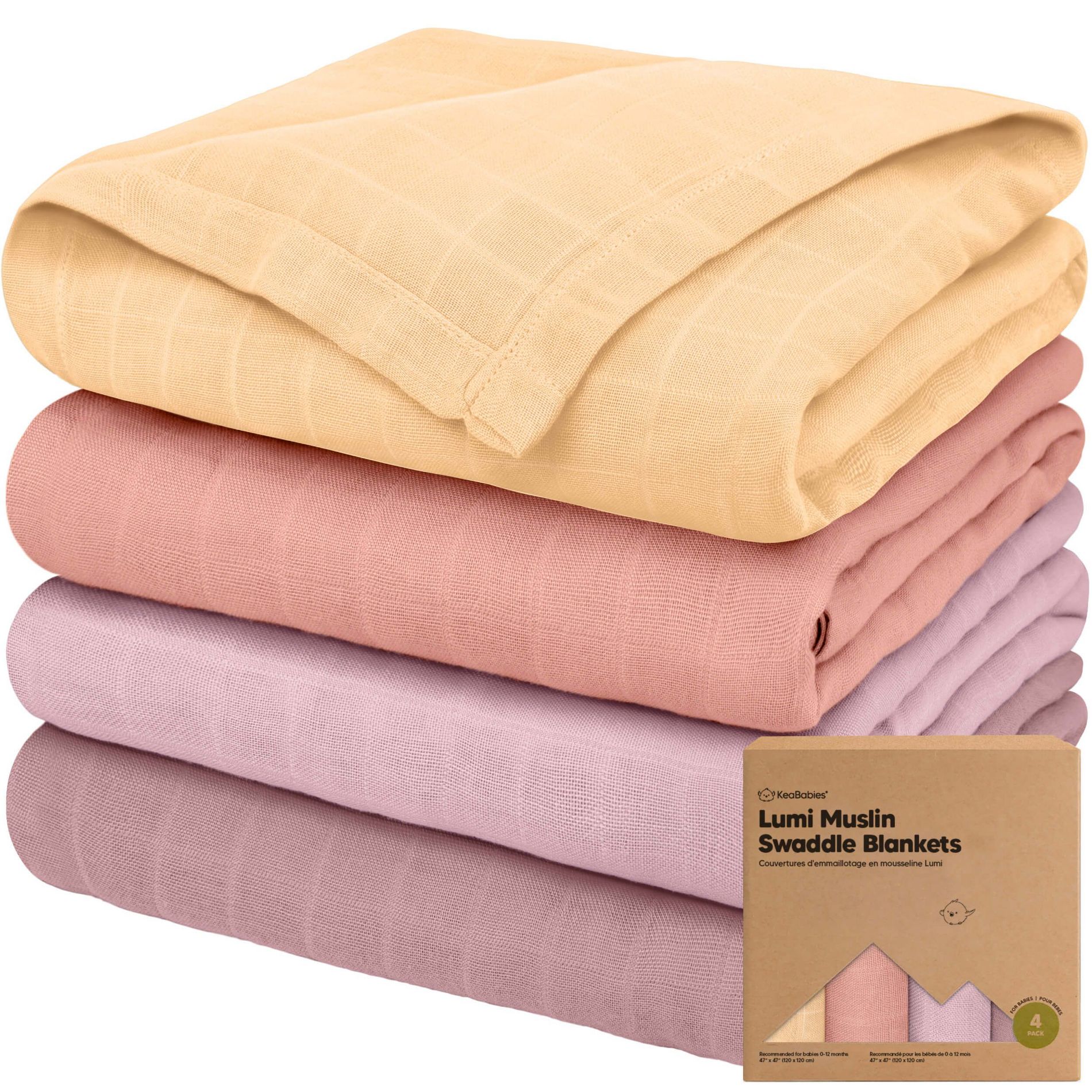KeaBabies 4pk Muslin Swaddle Blankets for Baby Boys, Girls - Organic Baby Blankets, Nursing Swaddles for Newborns (Lavender)