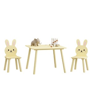 SEVOBAL Kids Table Sets, 3-Piece Wooden Activity Table with Bunny Chairs for Toddler Learning and Playroom Decor, Yellow, 27.36"*26.38"*3.94" - 1 of 4