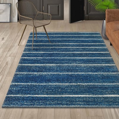 Navy and Cream Rectangular Striped Synthetic Area Rug 3' x 5'