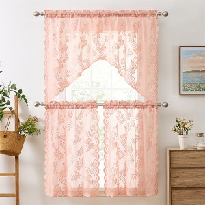 HLC.ME Butterfly Floral Lace - Sheer 3 Piece Kitchen Curtains Set, Swag Valance + 36 inch Tiers Set - 1 of 4