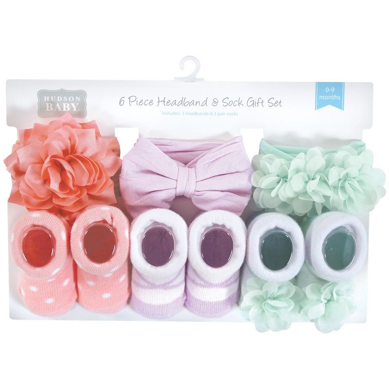 Hudson Baby Infant Girl Headband and Socks Giftset, Pink Purple Mint, One Size, 2 of 6