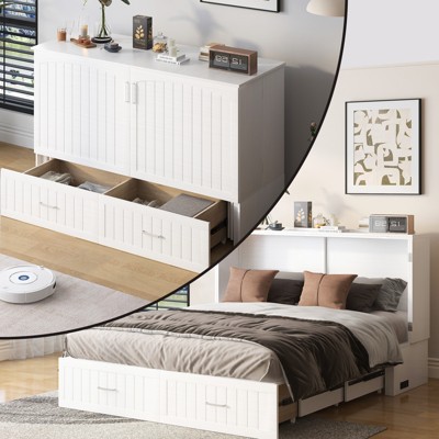 Mjkone Murphy Cabinet Bed, Queen Murphy Bed with Tri-Folding Mattress and Charging Ports, Drawer
