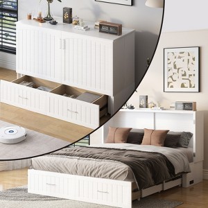 Mjkone Murphy Cabinet Bed, Queen Murphy Bed with Tri-Folding Mattress and Charging Ports, Drawer - 1 of 4