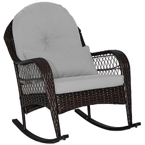 Costway Patio Wicker Rocking Chair W/Seat Back Cushions & Lumbar Pillow Porch Off White/Orange/Gray/Black/Blue - 1 of 4