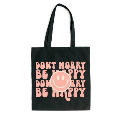 City Creek Prints Don't Worry Be Happy Smiley Face Canvas Tote Bag - 15x16 - Black