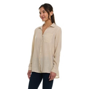 Super Triple Goose Women’s Linen Long Sleeve Button-Down Shirt – Lightweight Casual Collared Top with Pocket - 1 of 4