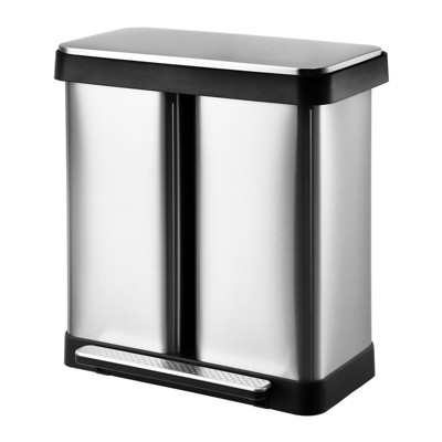 16 Gallon/60 L Dual Compartment Trash Can, Stainless Steel Garbage Can with Soft-Close Lid and 2 Plastic Removable Inner Bucket