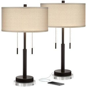 Franklin Iron Works Bernie Industrial Table Lamps Set of 2 with Round Risers 26" Tall Bronze USB Charging Port Tan Drum Shade for Bedroom Living Room - 1 of 4