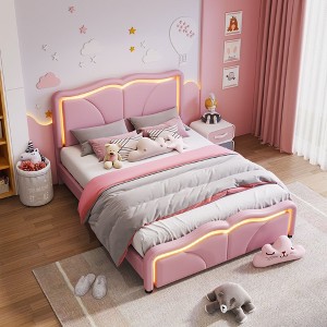 NicBex Twin/Full Size Upholstered Platform Bed with Curve Shaped and Height-adjustbale Headboard,LED Light Strips - 1 of 4