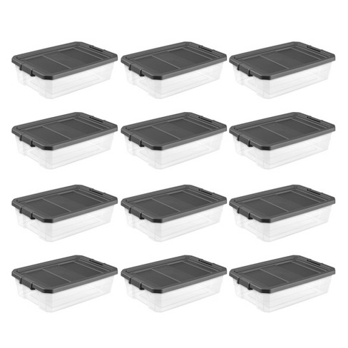 Sterilite 40 Quart Plastic Stacker Box, Lidded Storage Bin Container for  Home and Garage Organizing, Shoes, Tools, Clear Base & Gray Lid, 12-Pack