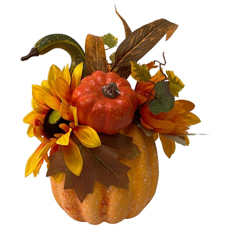 Northlight 14.75" Yellow Sunflower and Mum Filled Pumpkin Thanksgiving Decor, 3 of 4