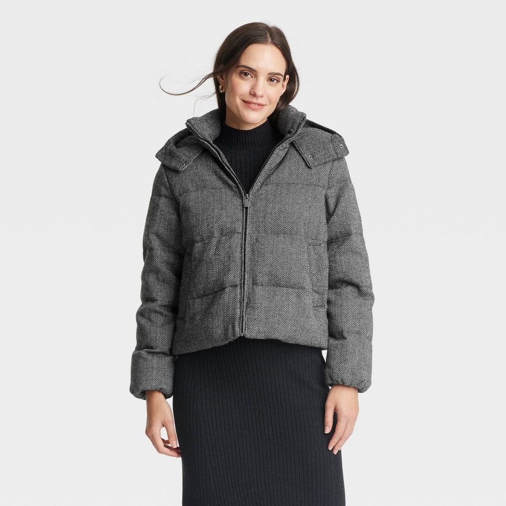 Women's Hooded Puffer Jacket - A New Day™ Gray Herringbone L