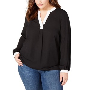 I.N.C International Concepts Womens Colorblocked Pullover Blouse, Black, 1X - 1 of 1