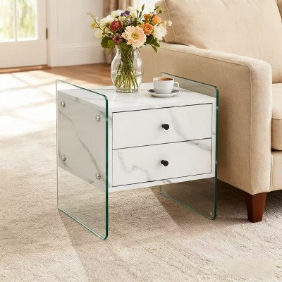 Homy Casa Modern Glass Nightstand with 2 Drawers, Faux Marble Finish End Table for Bedroom, White