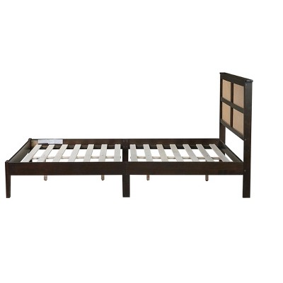 DOMETOUR Queen Size Rubber Wooden, Solid Wooden Bed with Rattan Headboard, Enhanced by Support Feet,Espresso