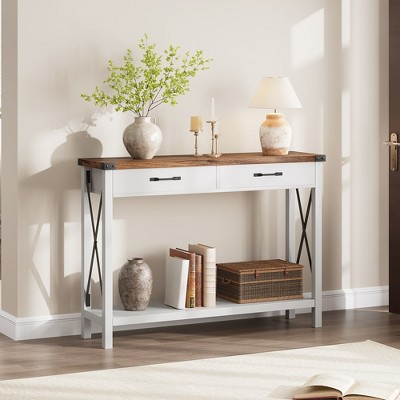 Console Table with 2 Drawers, Farmhouse Sofa Table with Storage Shelf, Accent Wood Entryway Table for Living Room, Hallway, Foyer-White