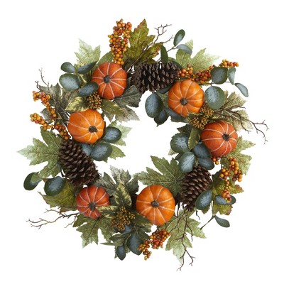 Nearly Natural 24” Pumpkins, Pine Cones and Berries Fall Artificial Wreath