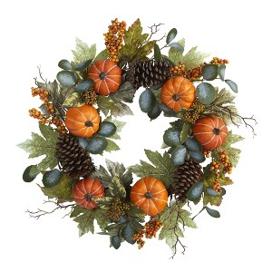 Nearly Natural 24” Pumpkins, Pine Cones and Berries Fall Artificial Wreath - 1 of 3