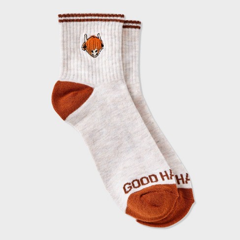 Women's Embroidered Highland Cow 'Good Hair Day' Ribbed Ankle Socks - Oatmeal Heather 4-10 - image 1 of 3