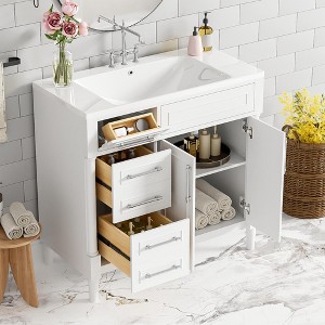 Okak 36" Modern Bathroom Vanity with Sink, Solid Wood Frame Bathroom Vanities with Cabinet Tip-out Drawer & Height Adjustable Shelf, White - 1 of 4