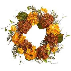 Nearly Natural 24” Fall Hydrangea Artificial Autumn Wreath - 1 of 4
