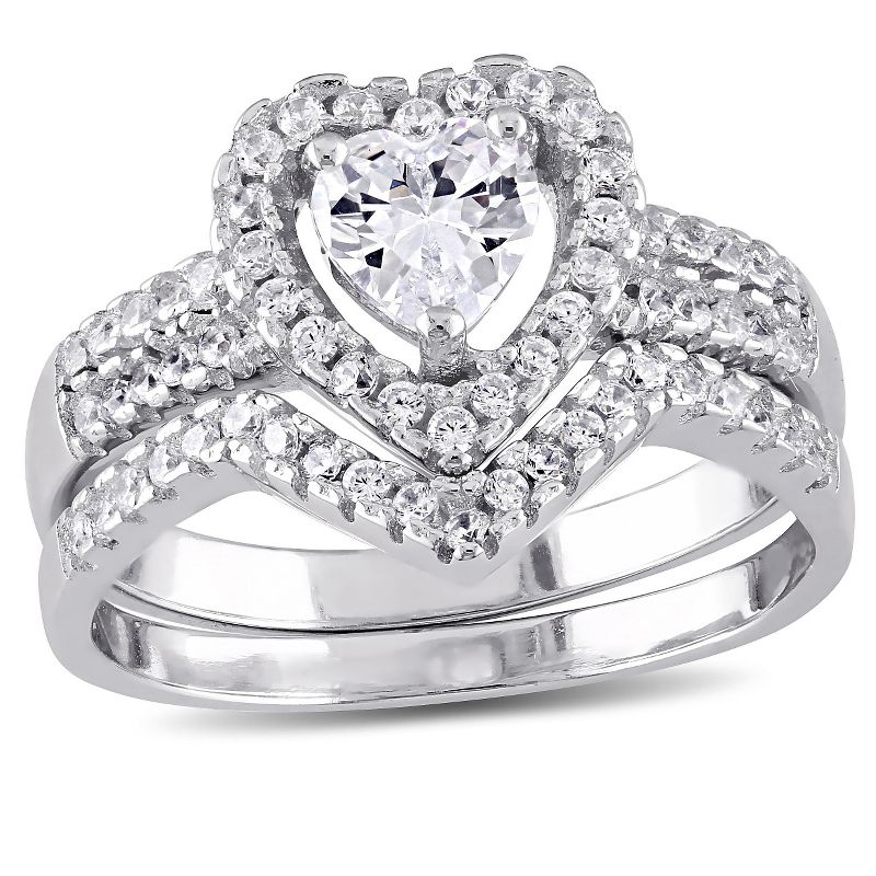1 3/8 CT. T.W. Heart Cubic Zirconia Halo Bridal Set in Sterling Silver, 1 of 7