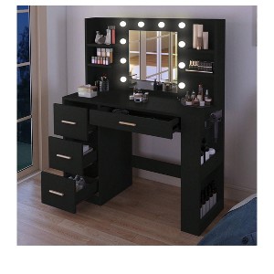 Vanity Desk With Large Lighted Mirror 10 LED Bulbs 3 Adjustable Light Modes 4 Drawers and 8 Open Storage Shelves for Bedroom - 1 of 4