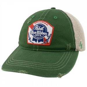 Adult Pabst Blue Ribbon Embroidered Logo Distressed Green Denim Trucker Hat - 1 of 4