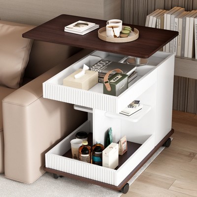 JUJABU Modern Multifunctional Adjustable Sofa End Table with Wheels, Lift-Top, 360°Rotating Top and Storage Space for Living Room