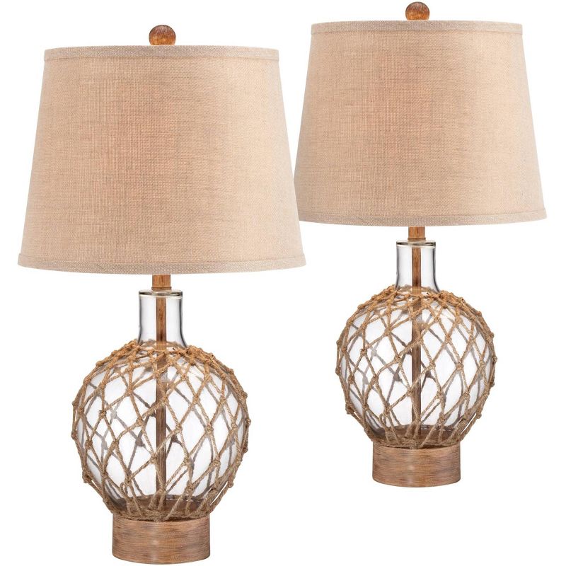 360 Lighting Coastal Table Lamps 27" Tall Set of 2 Rope and Clear Glass Jug Burlap Drum Shade for Living Room Family Bedroom Nightstand, 1 of 10