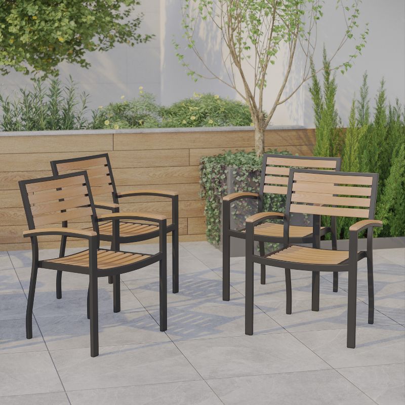 Emma and Oliver Set of 4 Stackable All-Weather Black Aluminum Patio Chairs with Faux Teak Slats, 2 of 12