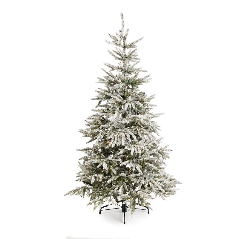 Home Heritage Snowy Abies Pine Prelit Flocked Artificial Christmas Tree, Clear Dimmable Fairy Lights, Quick Set-Up, PVC Tips, Stand, Green, 1 of 9