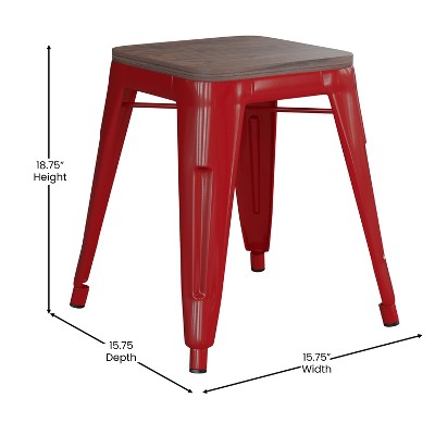 Red 18" Backless Metal Dining Stools with Wooden Seats, Set of 4