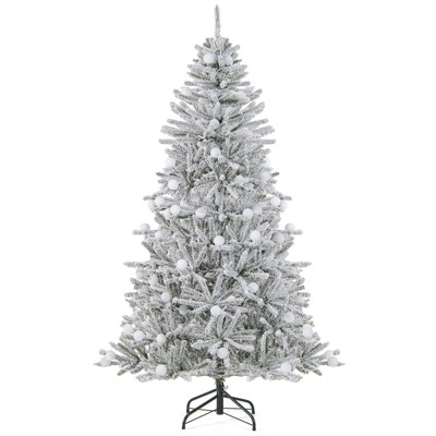 Tangkula 6/7/8 FT Snow-flocked Artificial Christmas Tree w/51/65/81 Sphere Lights 250/350/450 LED Lights