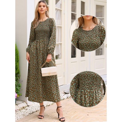 Женские платья INSPIRE CHIC Women's Floral Smocked Long Puff Sleeve A-Line Summer Boho Maxi Dresses Brown X-Large — фото 2