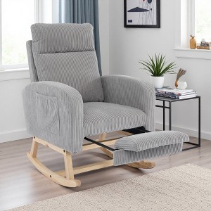 Linen Glider Rocking Chair with High Backrest and Solid Wood Legs - 1 of 4