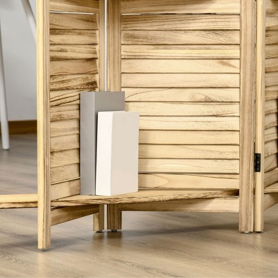 Natural Light Wood 4-Panel Folding Room Divider with Shelves