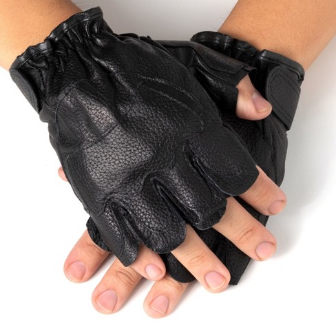 Men's Sporty Fingerless Leather Gloves - Black - L