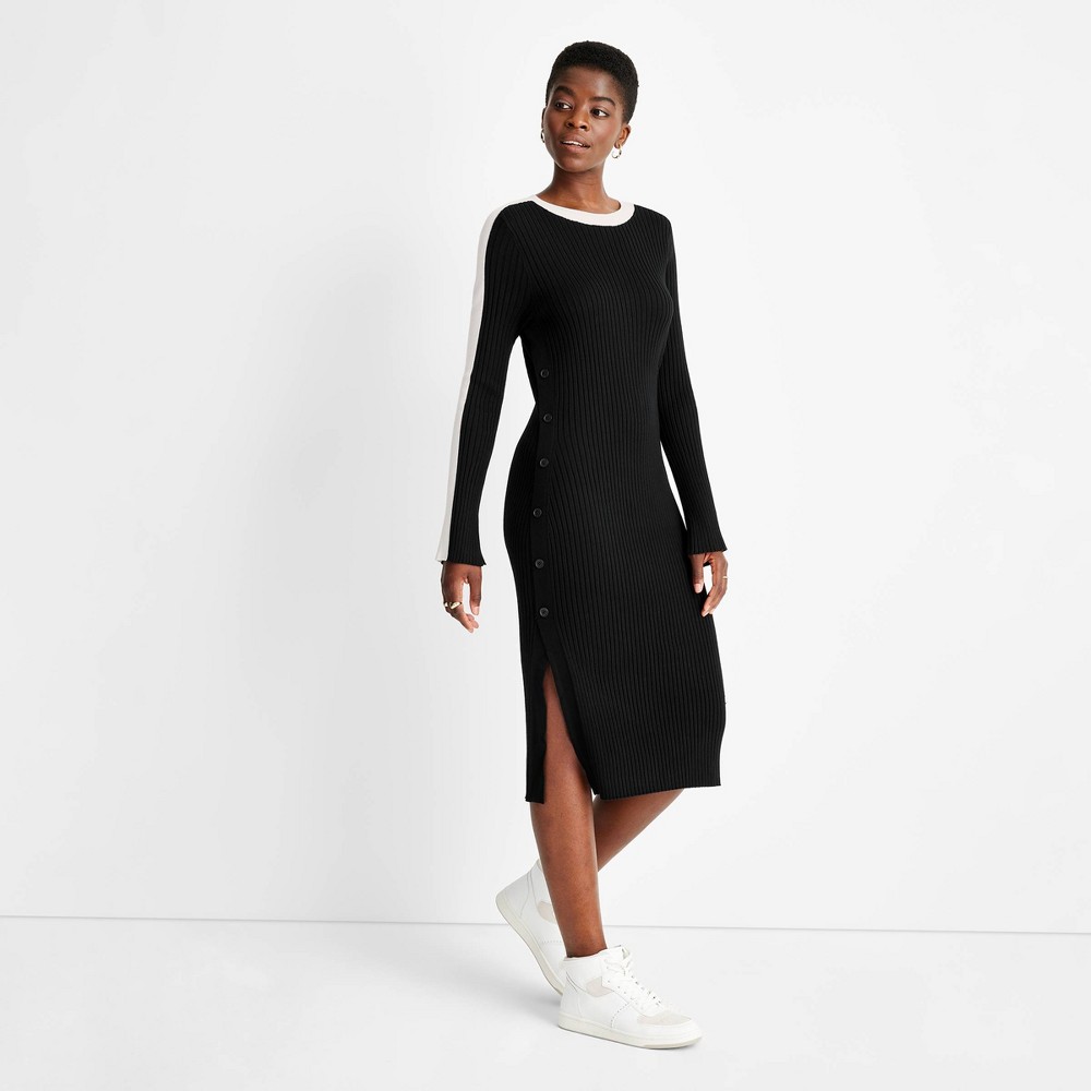 Women's Ribbed Long Sleeve Side Button Sweater Dress - Future Collective with Kahlana Barfield Brown Black M
