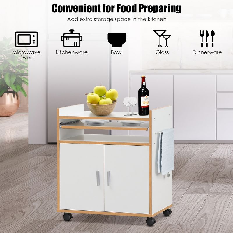 Costway Rolling Kitchen Trolley Microwave Cart Storage Cabinet W/ Removable Shelf White, 5 of 11