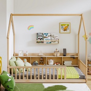 JVNOXK Twin Pine Wood House Floor Bed, Kids Floor Bed with LED
