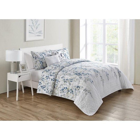 Vcny Home Hailey Blue And White Floral Quilt Set Blue White 5 Piece King Comforter Set