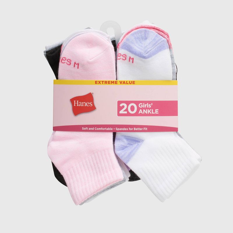 Hanes Girls' 20pk Ankle Socks - Colors May Vary, 2 of 10